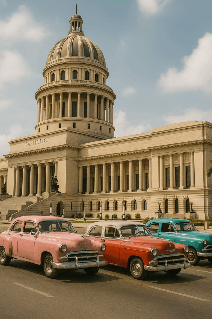 Autos clásicos cubanos parqueados frente al capitolio